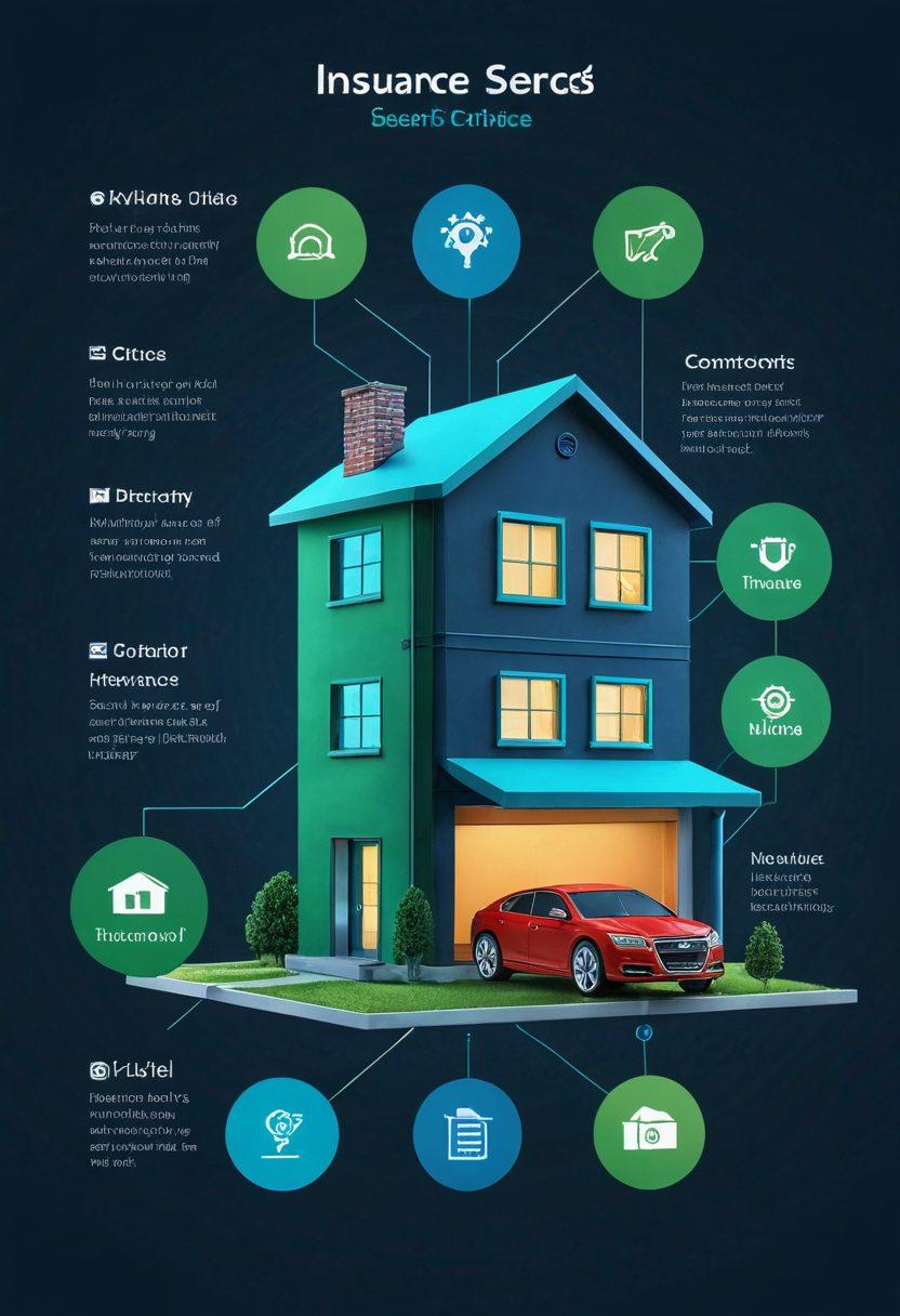 A modern digital interface displaying various insurance options for homes and cars, featuring icons of a cozy house and a sleek car. In the background, graphical representations of digital data flowing symbolize tech-driven solutions. The color palette includes vibrant blues and greens to convey trust and innovation. super-realistic. vibrant colors. 3D.