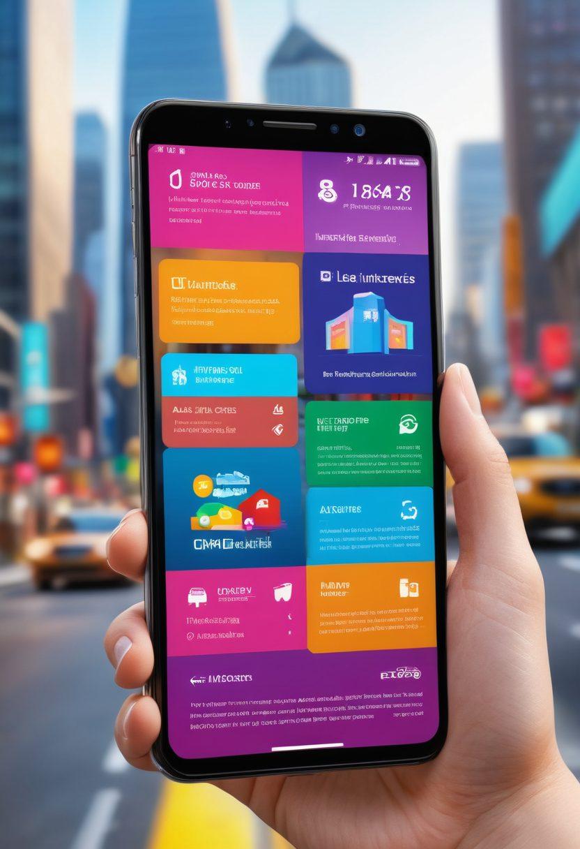 A digital smartphone displaying insurance quotes and claims in a user-friendly interface. Surrounding the phone are floating icons representing various insurance types like home, auto, and health. In the background, an abstract depiction of a person accessing this information on-the-go in a vibrant cityscape. The color scheme should be inviting and modern. super-realistic. vibrant colors. 3D.