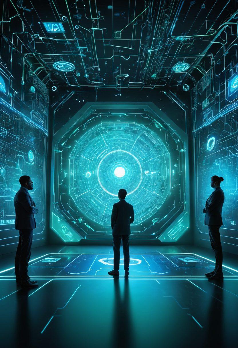 A futuristic digital landscape showcasing various insurance icons transforming into digital policies, with a glowing key symbolizing 'unlocking the future.' Use vibrant blue and green colors to represent technology and innovation, while integrating elements like circuits and holograms. In the background, depict a diverse group of people interacting with these digital services on screens. super-realistic. vibrant colors. 3D.